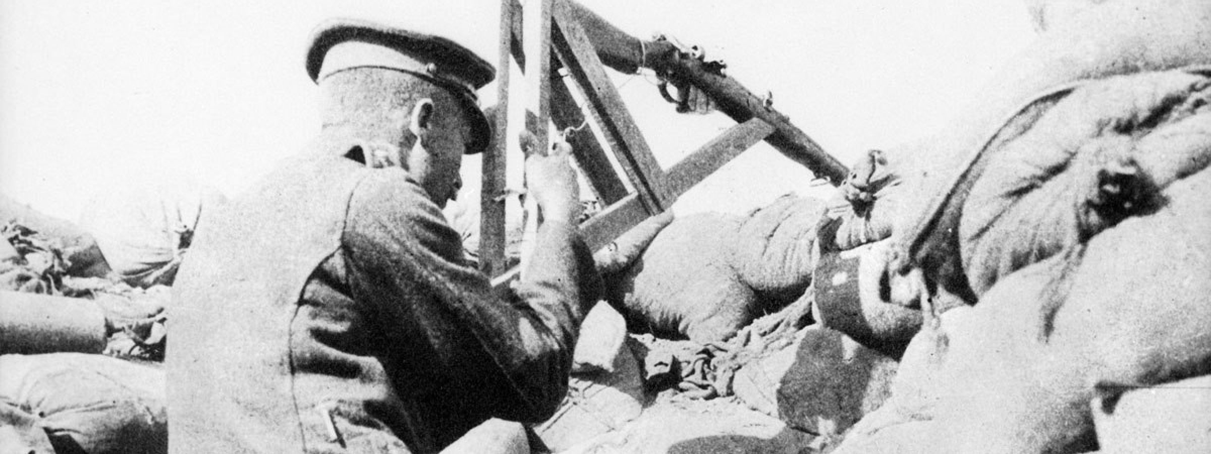 Lieutenant A J Shout sniping with a periscope rifle, 1915.